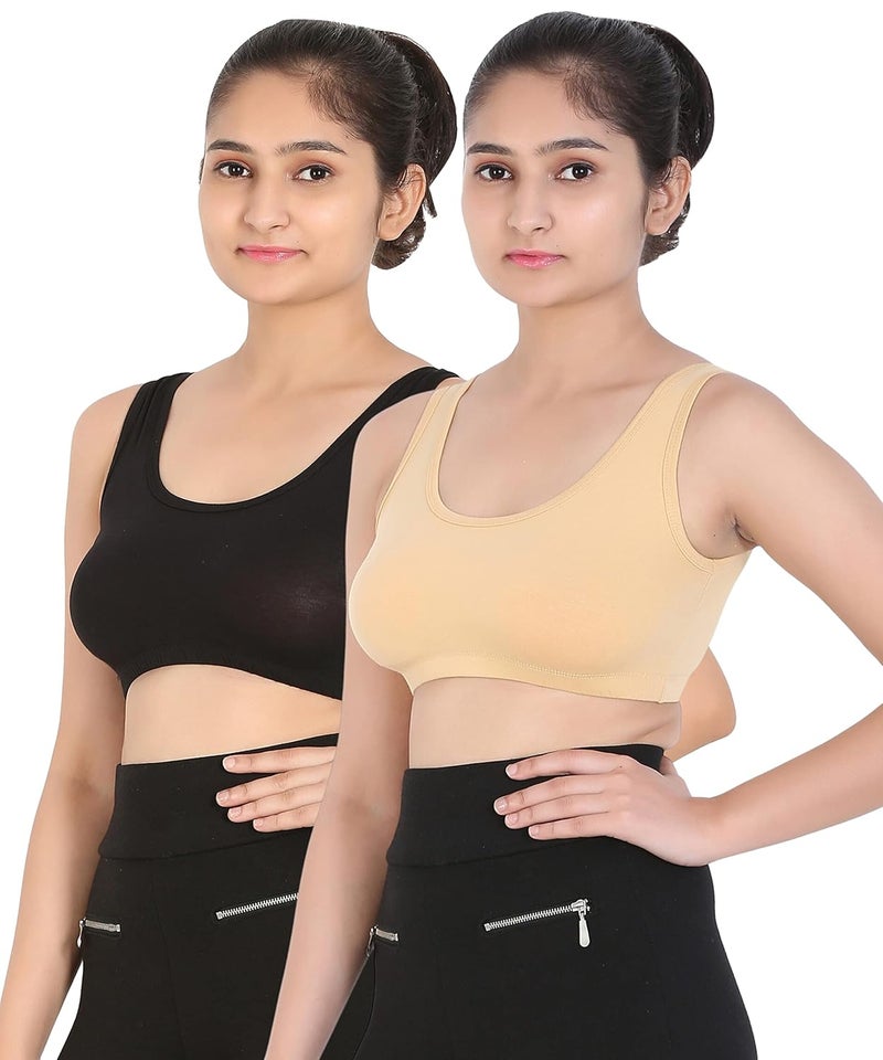 Mysha Sports Bra for Women & Girls, Cotton Non-Padded Full Coverage Beginners Wire Free T-Shirt Gym Workout Bra with Regular Broad Strap, Activewear Training Bra for Teenager Kids (Pack of 2) - Image 1